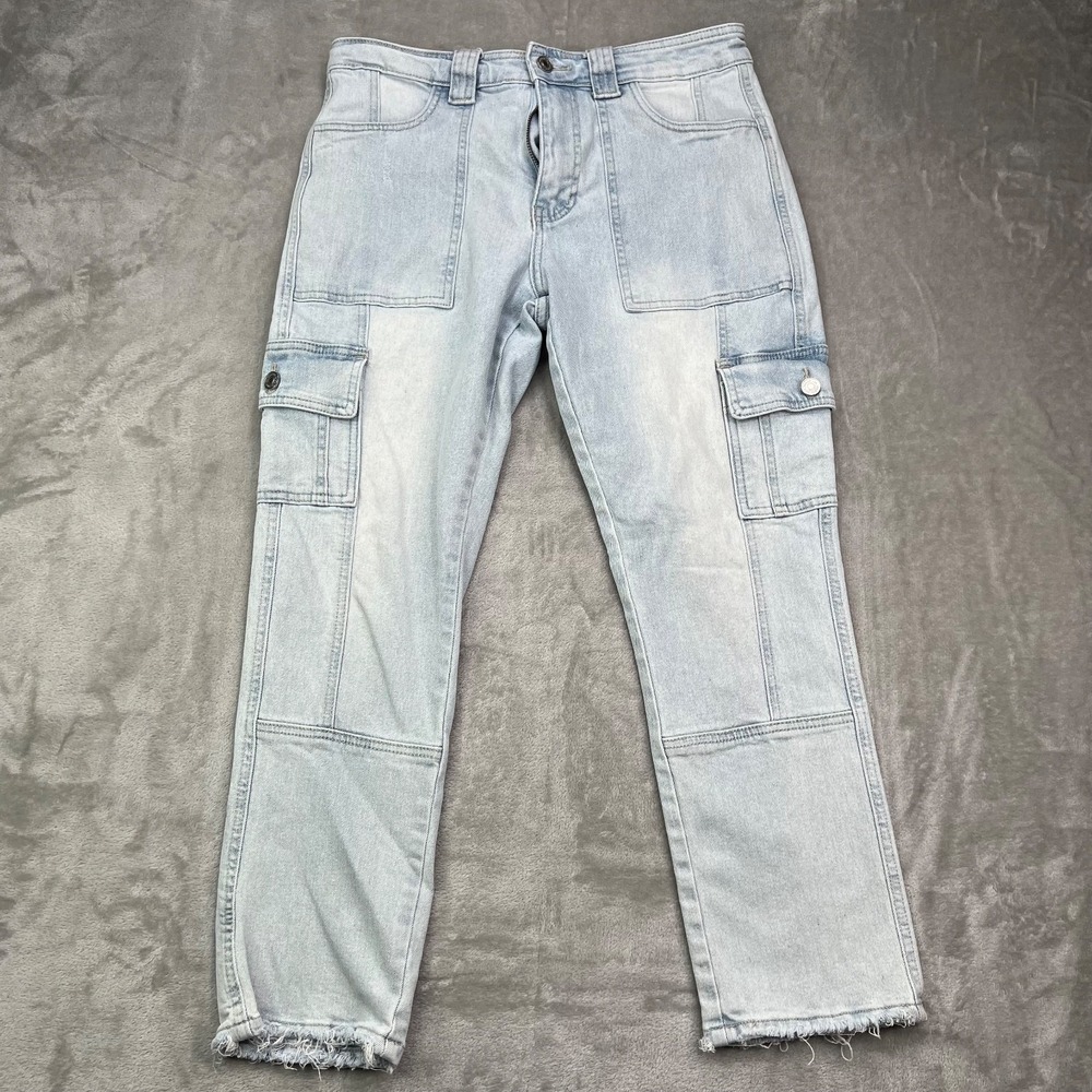 KanCan Jeans Womens 9 Blue Cargo Pockets‎ Front Seam Light Wash Frayed Straight